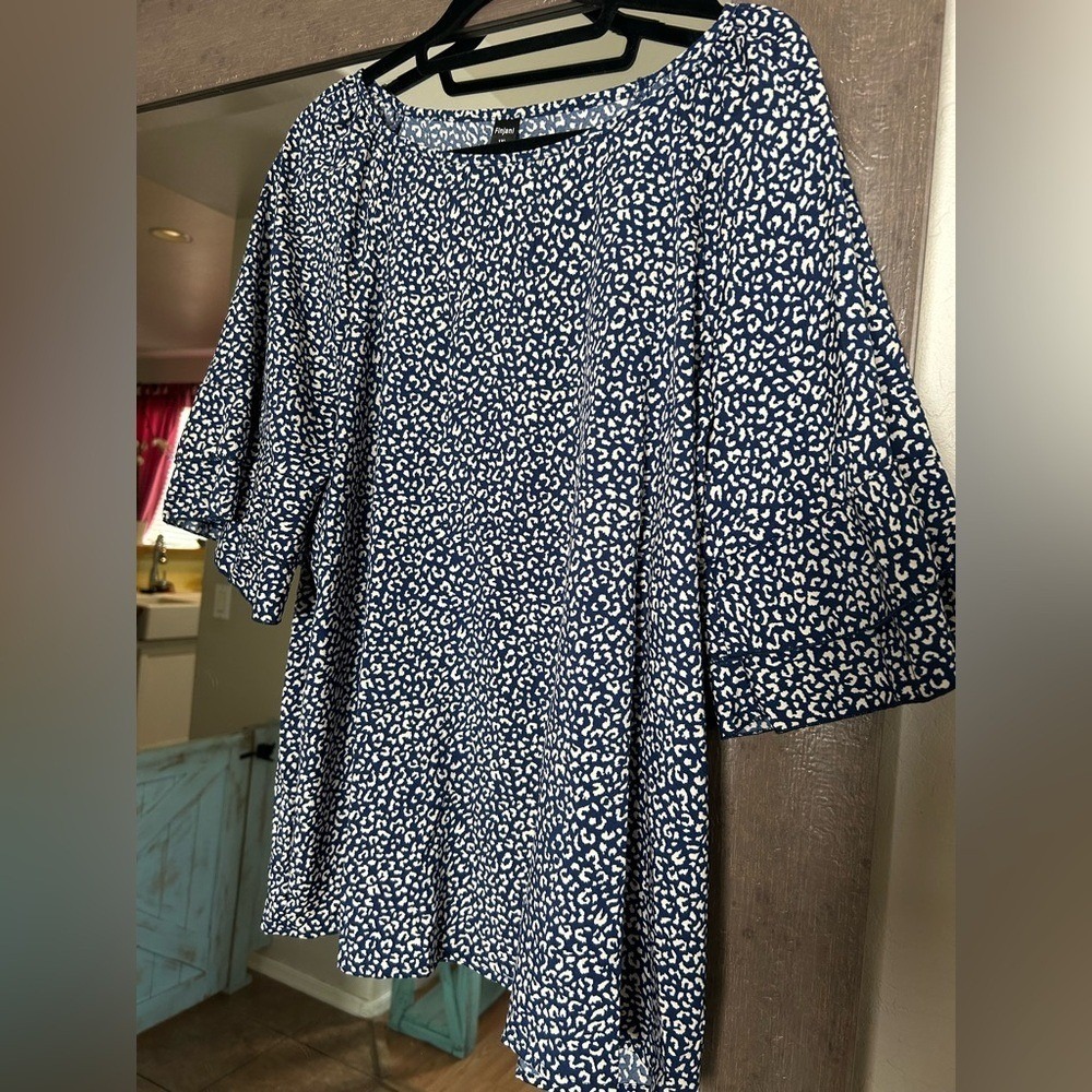 Finjani Blue White Leopard Print Tiered Ruffle Sleeve Polyester Blouse XL Top